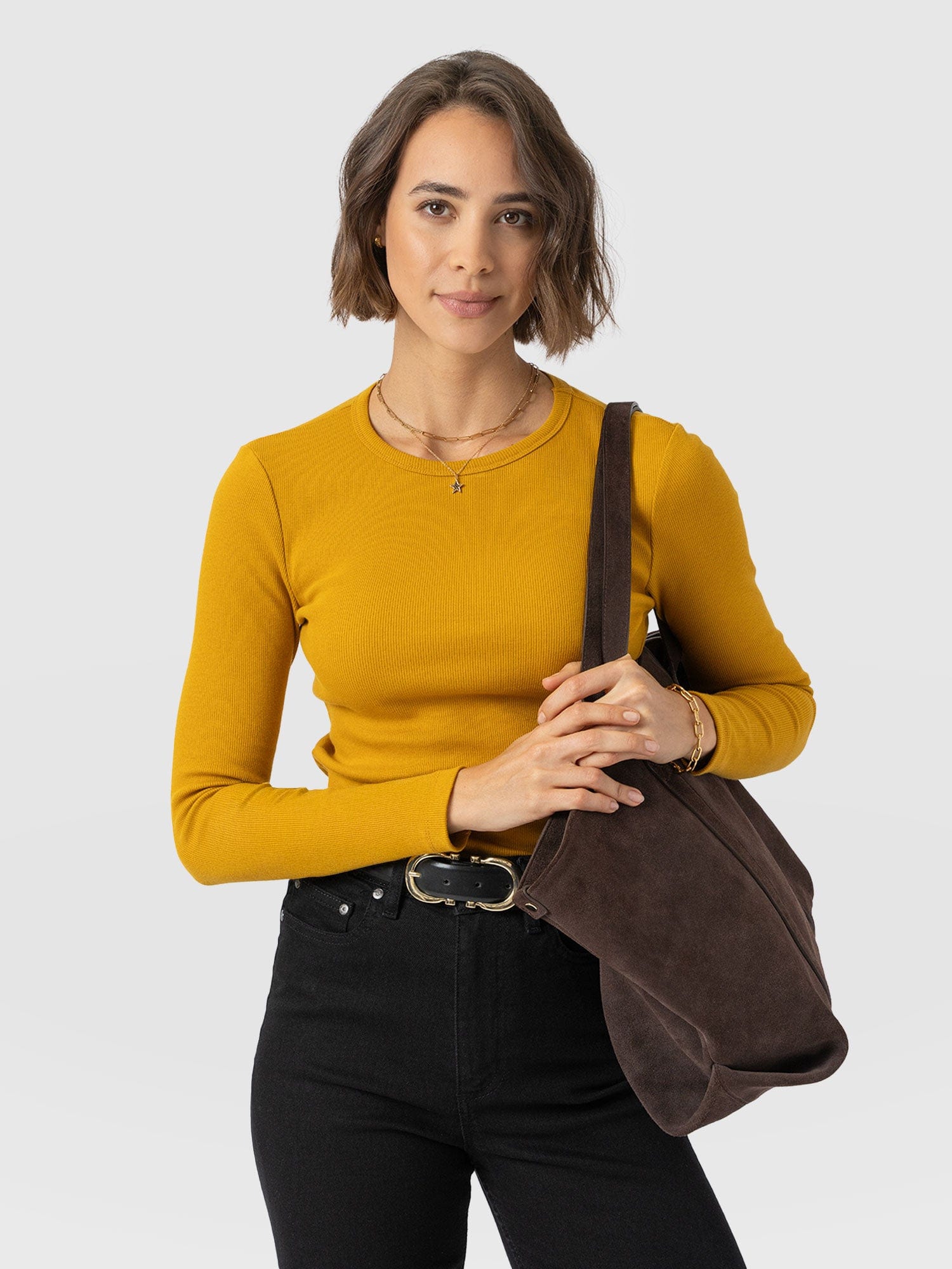 Ribbed Long Sleeve Tee - Ochre - Women's T-shirts | Saint + Sofia® UK