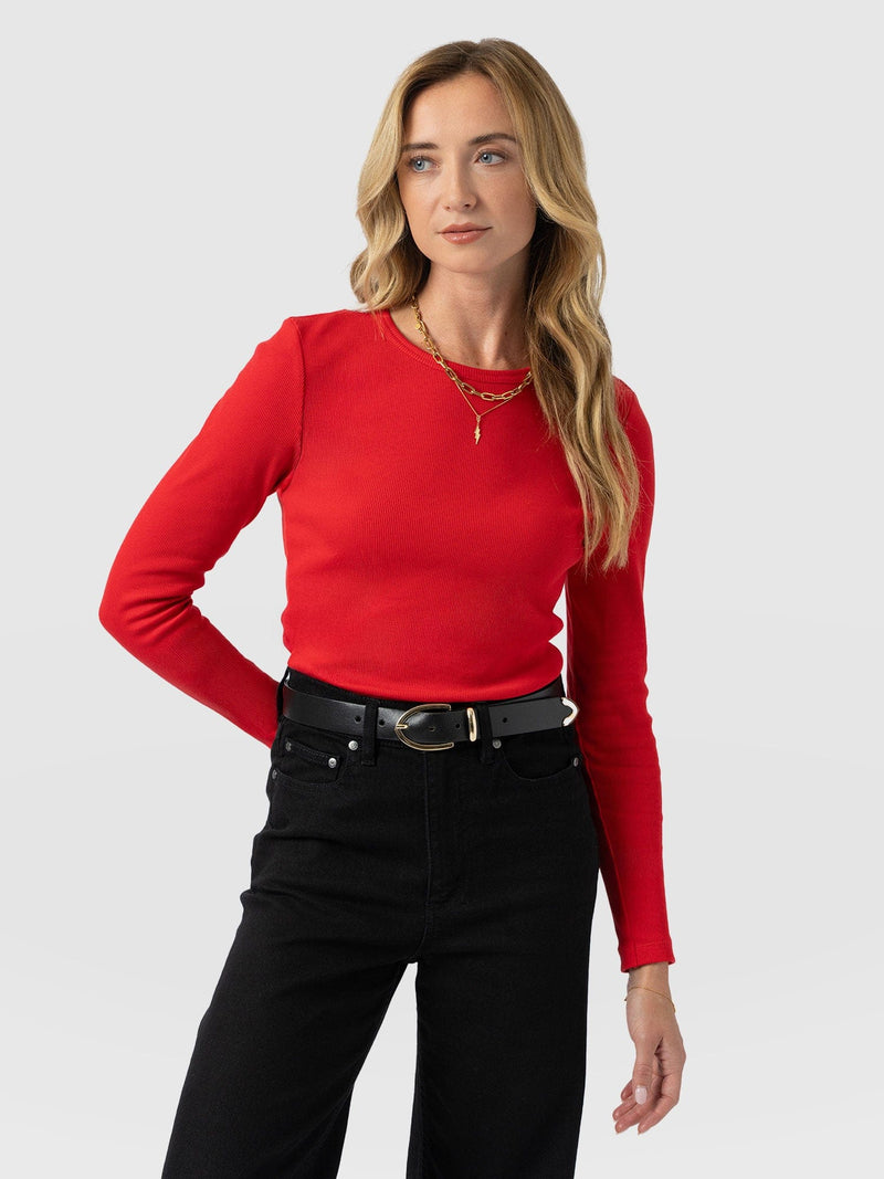 Ribbed Long Sleeve Tee - Red - Women's T-shirts | Saint + Sofia® UK