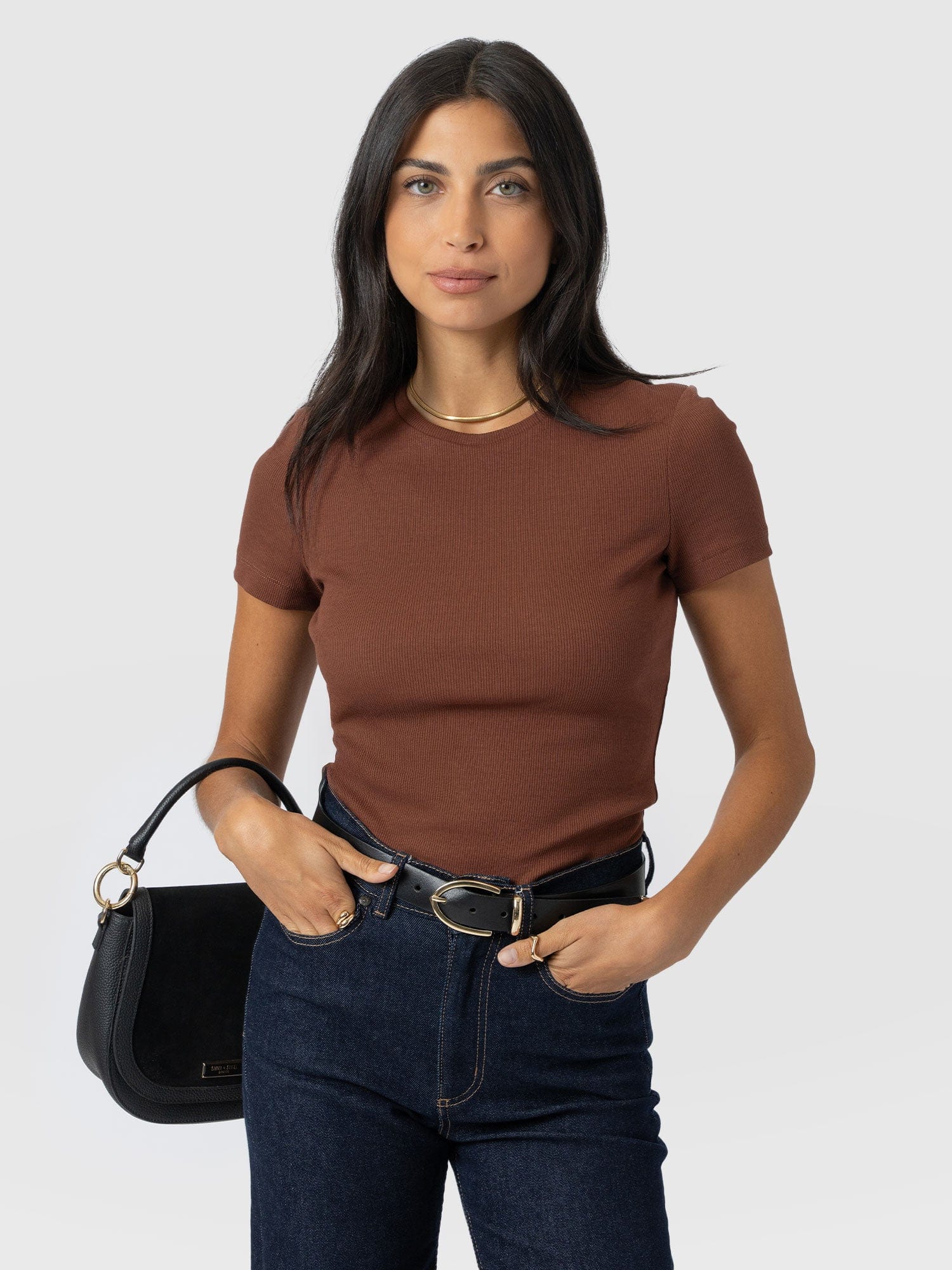 Ribbed Short Sleeve Tee - Russet Brown - Women's T-shirts | Saint + Sofia? UK