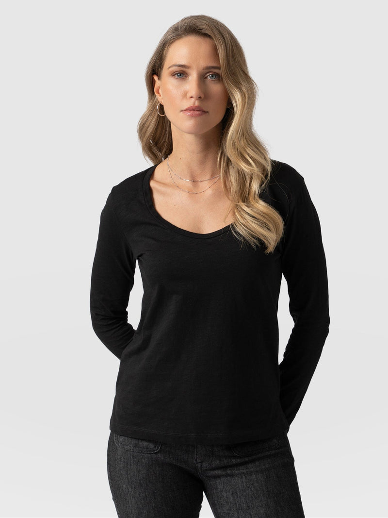 Scoop Neck Long Sleeve Tee - Black