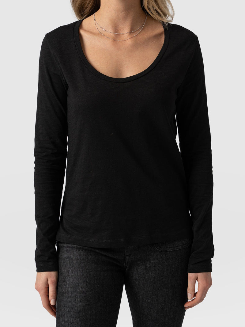 Scoop Neck Long Sleeve Tee - Black