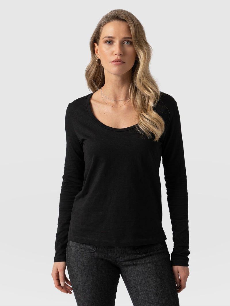 Scoop Neck Long Sleeve Tee - Black