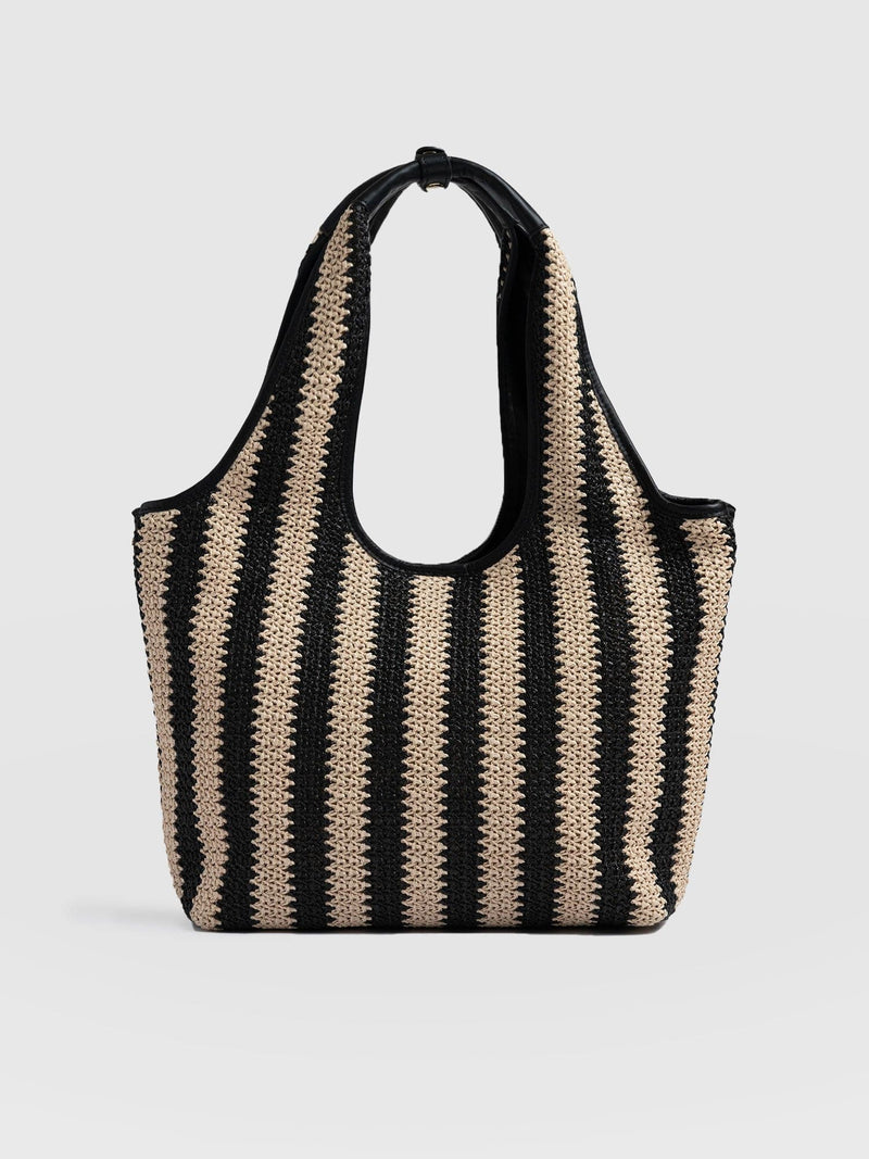 Stella Shoulder Tote Bag - Beige/Black Raffia