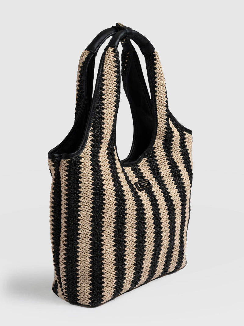 Stella Shoulder Tote Bag - Beige/Black Raffia