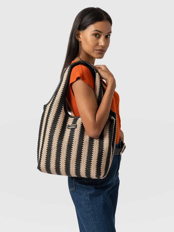 Stella Shoulder Tote Bag - Beige/Black Raffia