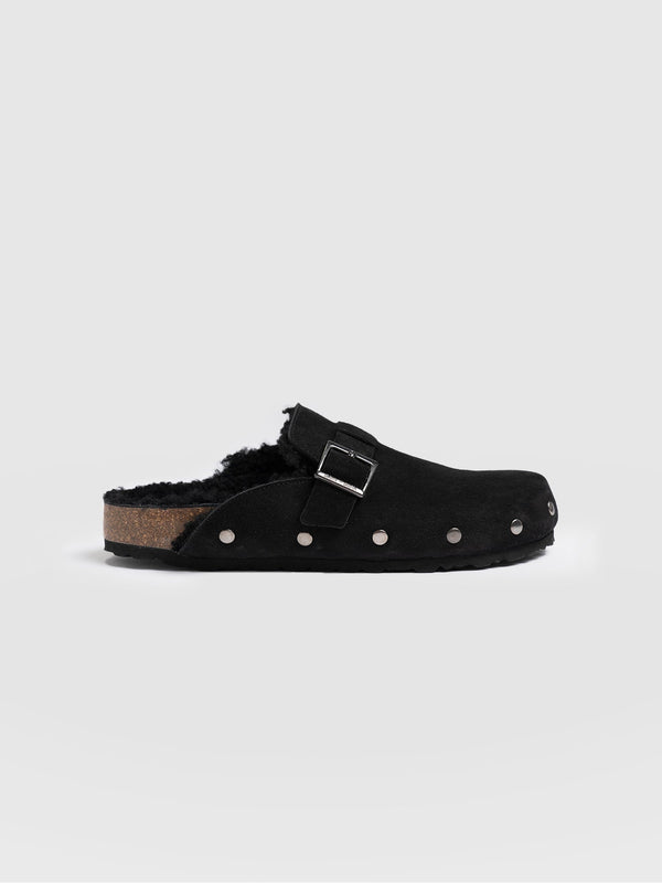 Studded Clogs - Black Shearling