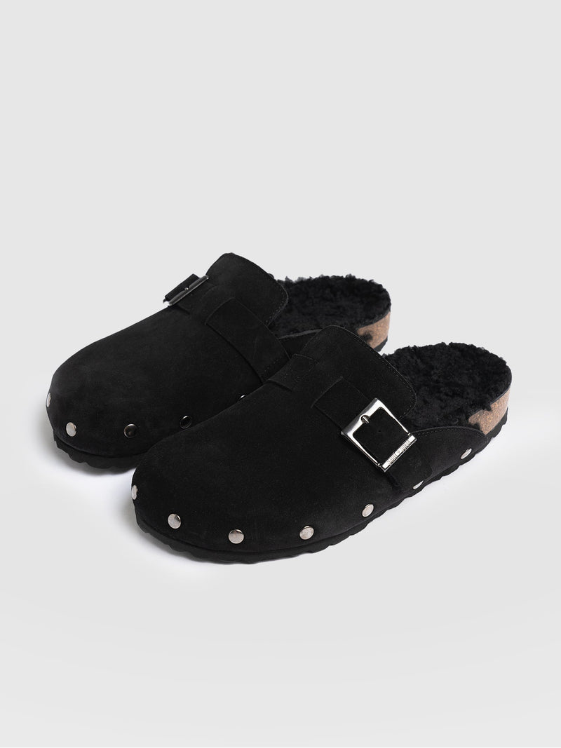 Studded Clogs - Black Shearling