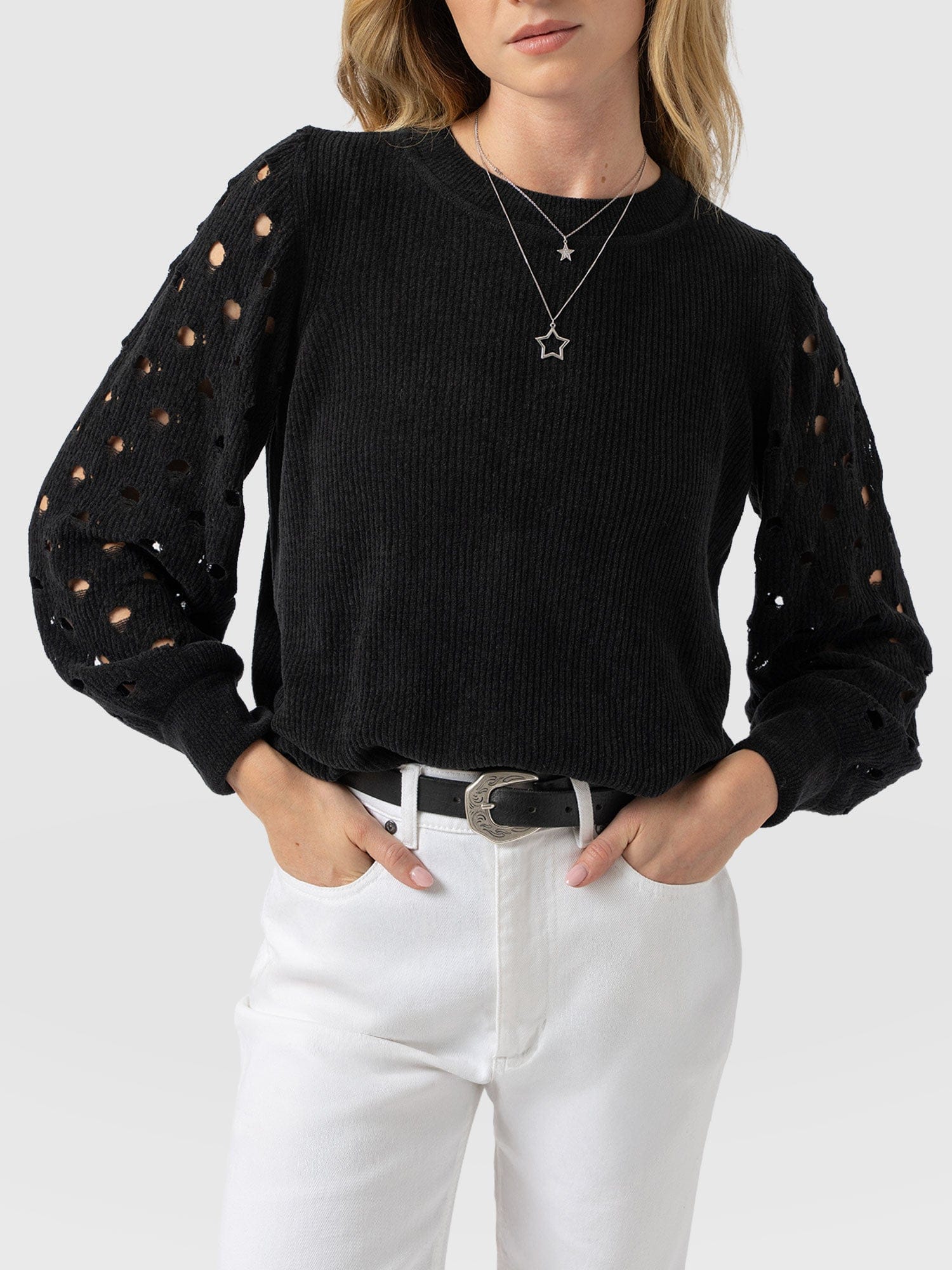 Suki Lace Hole Knit Black - Women's Knitwear | Saint + Sofia® UK