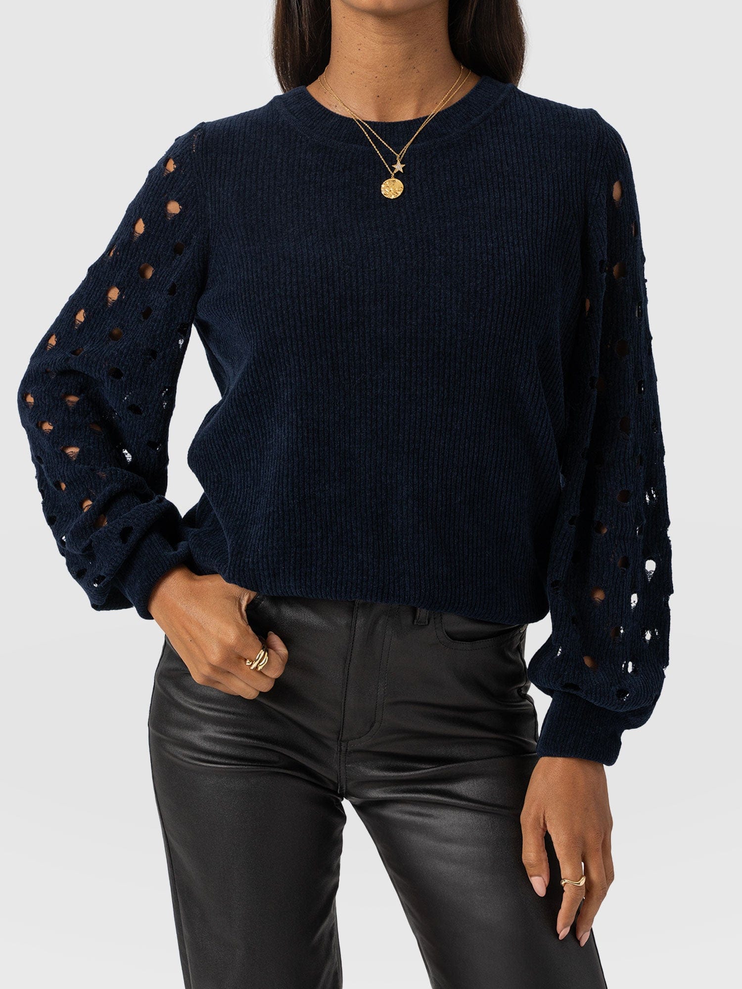 Suki Lace Hole Knit - Navy - Women's Jumpers | Saint + Sofia® UK