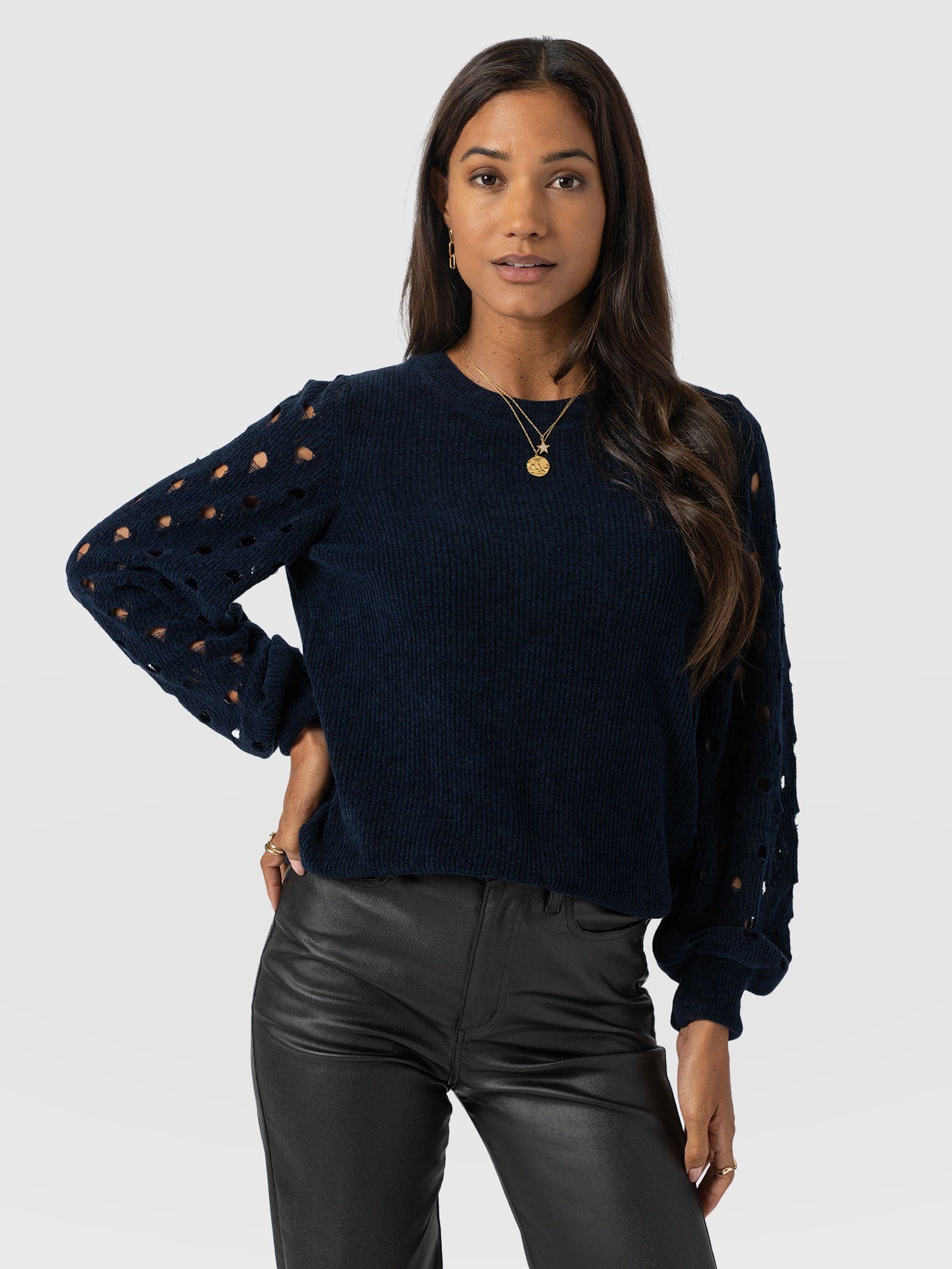 Suki Lace Hole Knit - Navy - Women's Jumpers | Saint + Sofia® UK