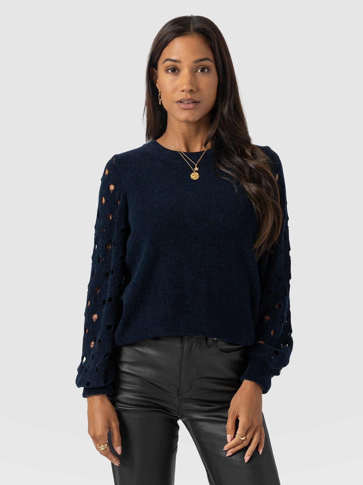Suki Lace Hole Knit - Navy - Women's Jumpers | Saint + Sofia® UK