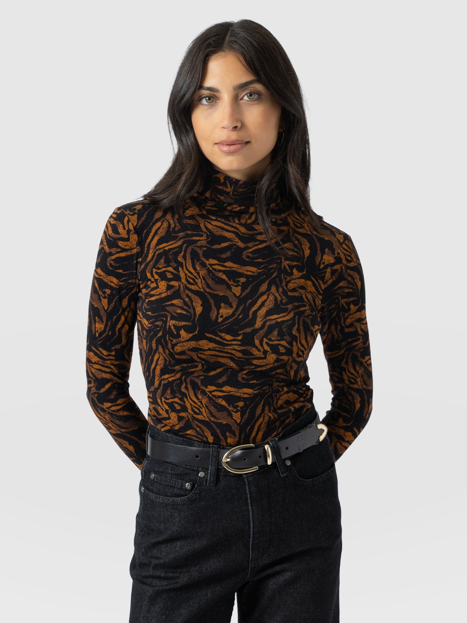 Tempest Roll Neck - Brown Zebra - Women's T-shirts | Saint + Sofia® UK