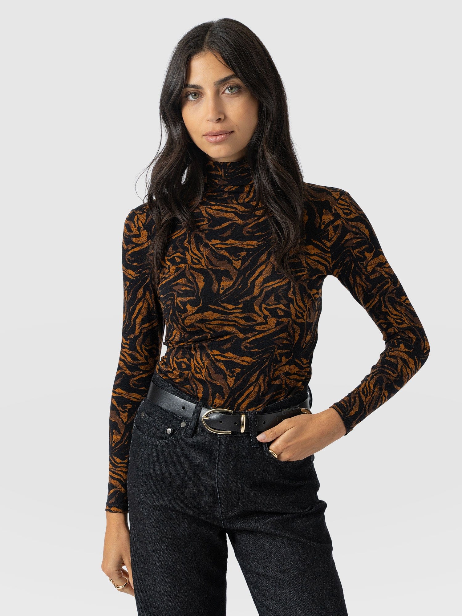 Tempest Roll Neck - Brown Zebra - Women's T-shirts | Saint + Sofia® UK