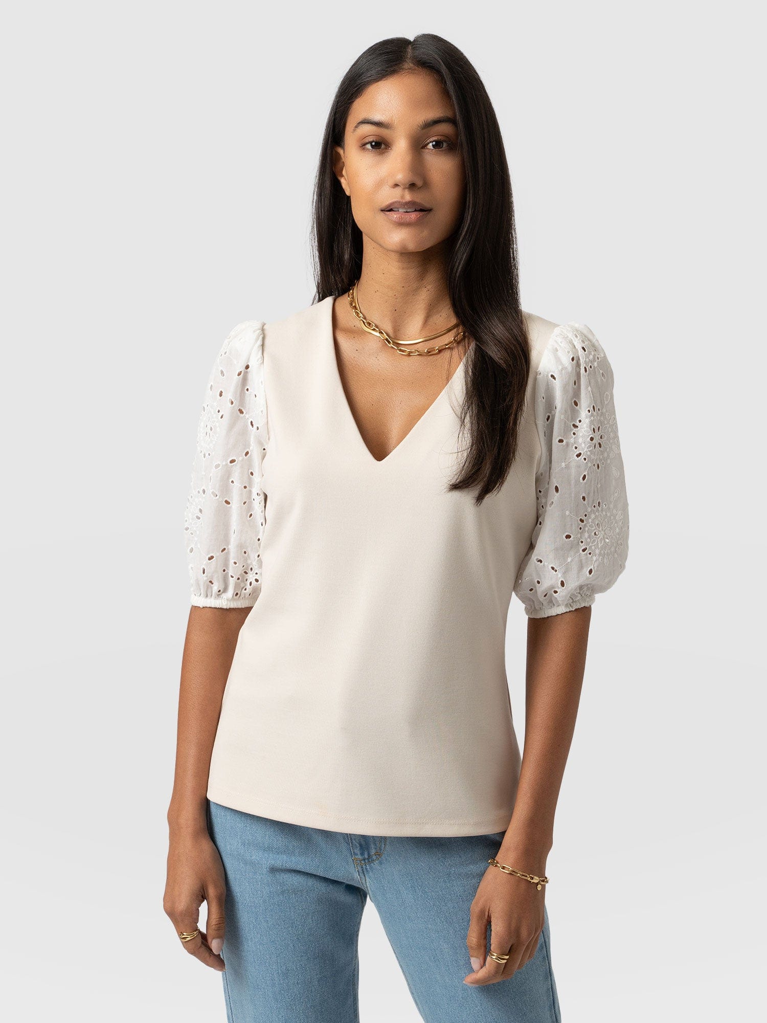 Tori Puff Sleeve Top - Cream Broderie