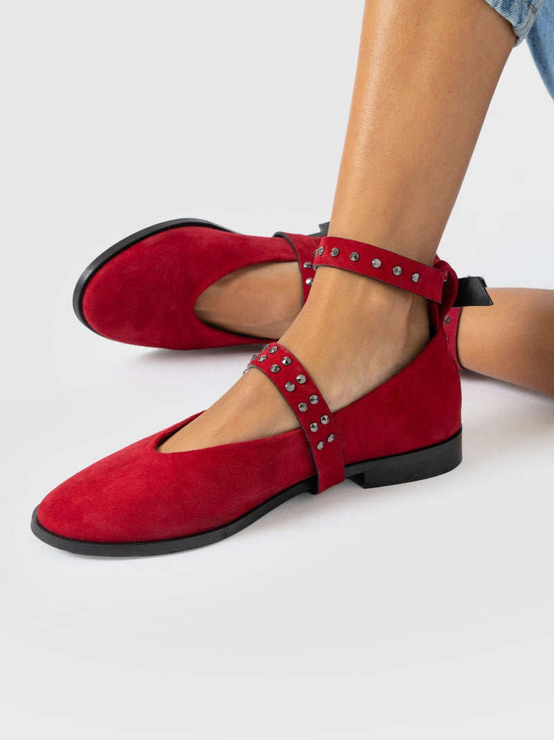 Vega Studded Ballerina Flats - Red Suede
