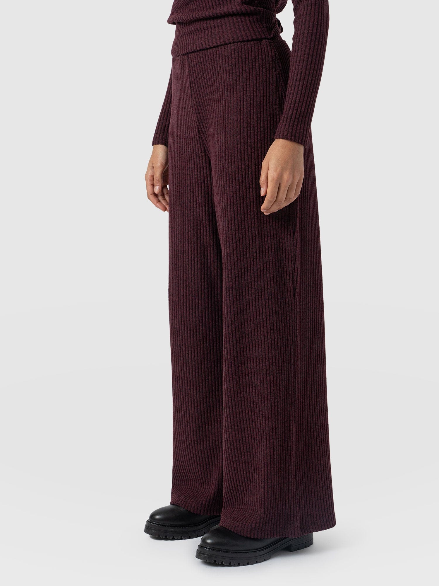 Victory Rib Wide Leg Pant Burgundy - Women's Trousers | Saint + Sofia® UK