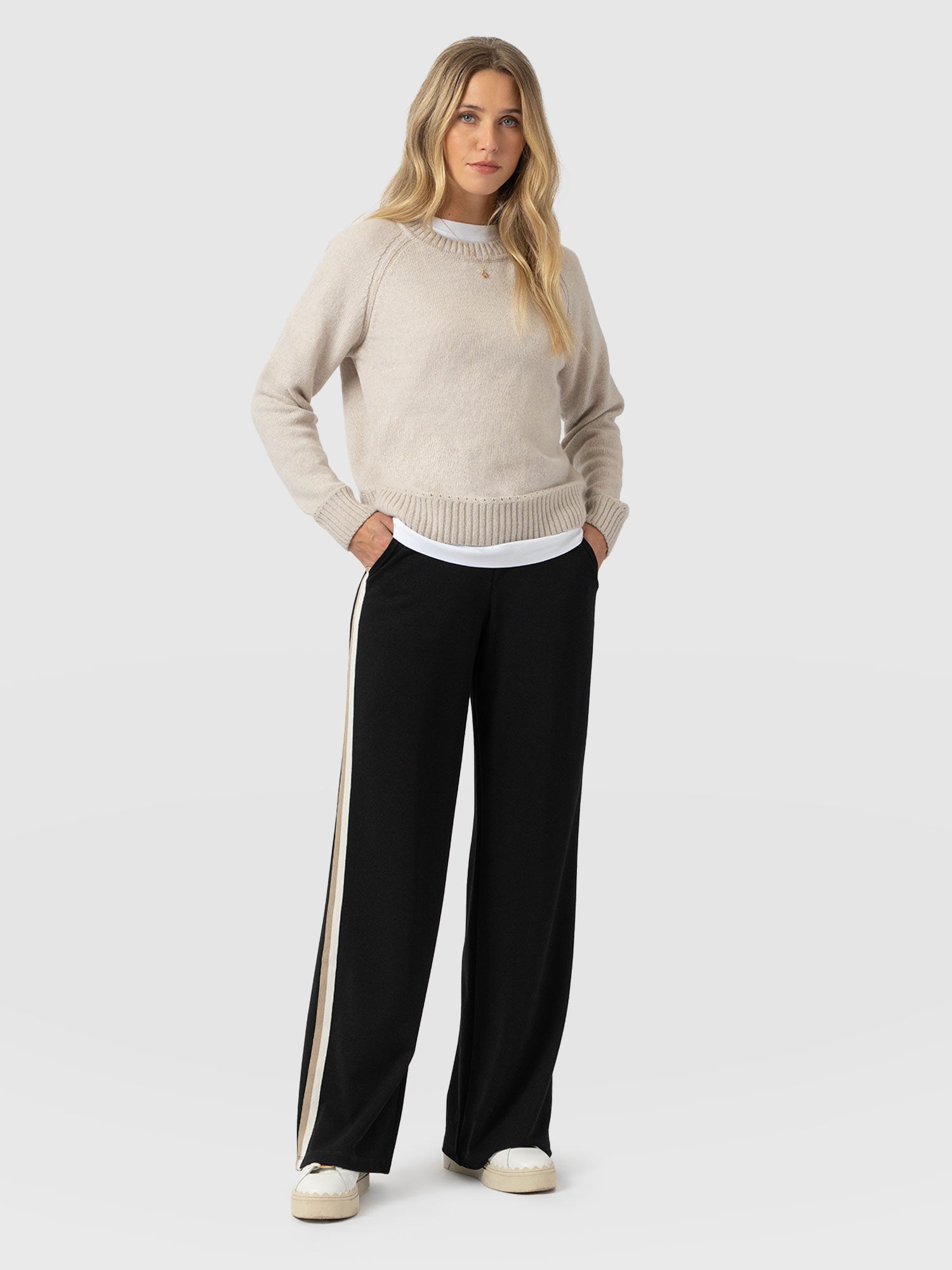 Victory Straight Leg Pant - Black - Cream/Beige Stripe - Women's Trousers | Saint + Sofia® UK
