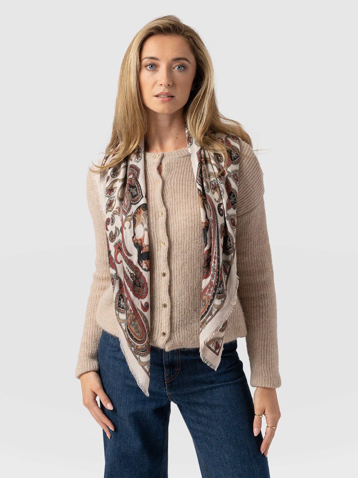 Wren Paisley Scarf Cream/Burgundy - Women's Scarves | Saint + Sofia® UK