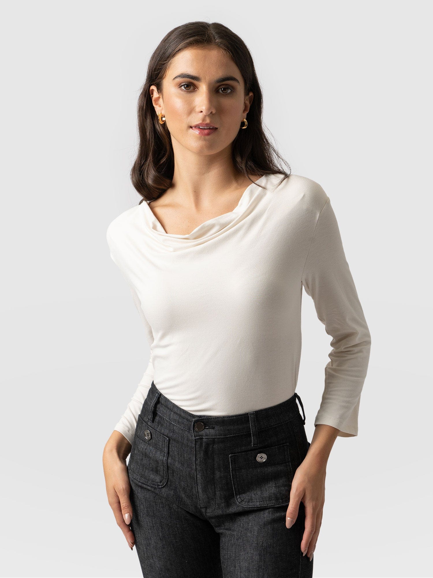 Cowl Neck Tee Cream Long Sleeve - Women's T-Shirts | Saint + Sofia® UK