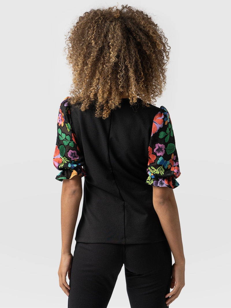 Tori Puff Sleeve Top  - Black Pop Floral