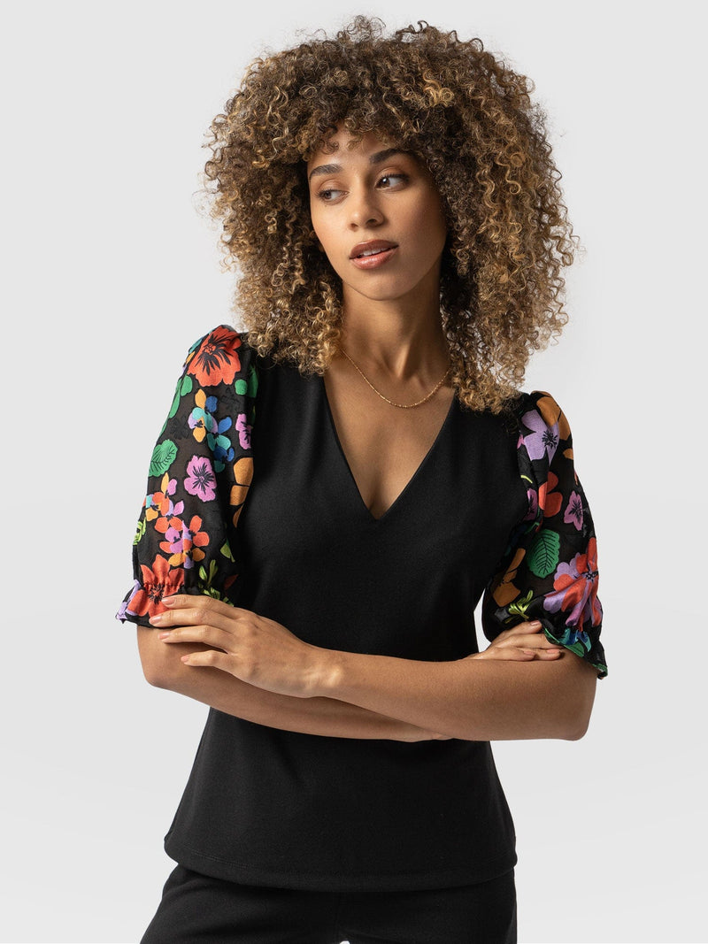 Tori Puff Sleeve Top  - Black Pop Floral