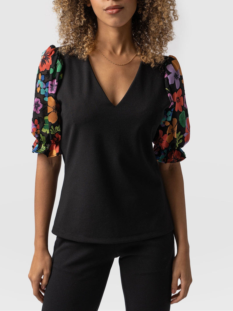 Tori Puff Sleeve Top  - Black Pop Floral