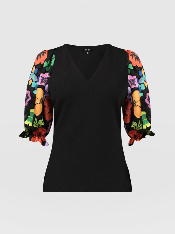 Tori Puff Sleeve Top  - Black Pop Floral